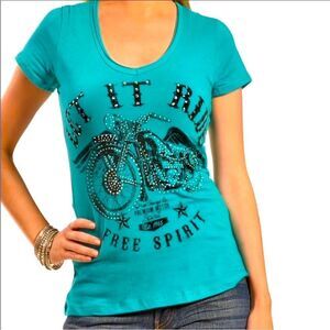 Teal Short Sleeve Studded Motorcycle Free Spirit Fitted Tee Shirt - NEW